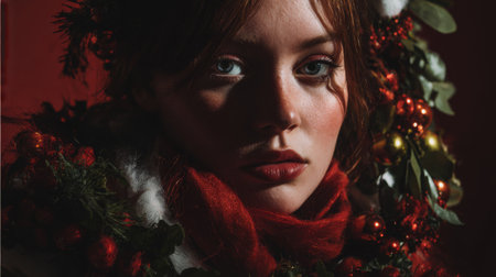 A captivating portrait of a woman adorned with festive holiday decorations. Her warm expression and striking makeup embody the spirit of Christmas.の素材