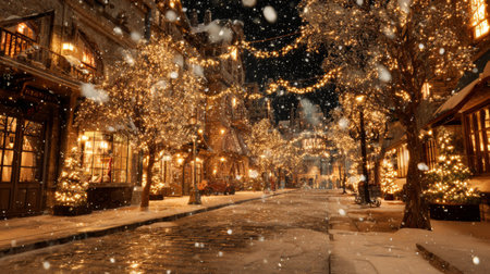 A captivating winter street scene at night, adorned with sparkling lights and a gentle snowfall. This enchanting atmosphere invites warmth and joy during the festive holiday season.の素材