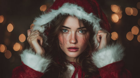 A charming young woman in a classic red Christmas outfit with white fur trim, set against a backdrop of warm festive lights, evoking holiday joy.の素材