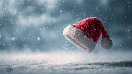 A charming red and white Santa hat floats gently in a snowy landscape, surrounded by soft snowflakes that create a magical winter wonderland.の素材
