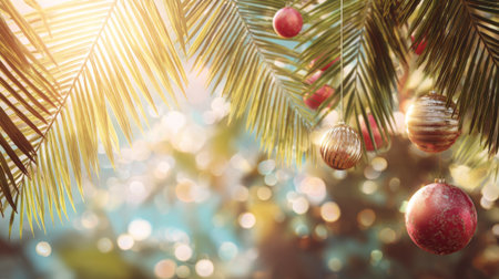 A vibrant scene featuring holiday ornaments hanging from a tropical palm tree, illuminated by soft sunlight and a sparkling bokeh background. Perfect for seasonal celebrations.の素材