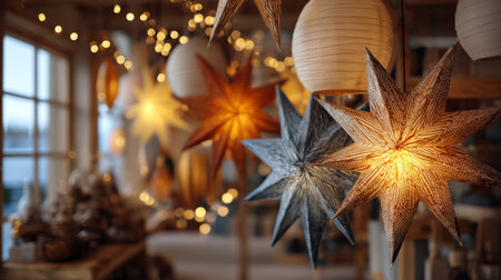 Explore a cozy scene filled with intricately designed star lanterns radiating a warm glow, perfect for enhancing holiday decorations and festive atmospheres.の素材
