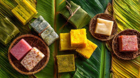 A vibrant display of natural soap bars on lush green leaves, ideal for eco-conscious skincare enthusiasts. Perfect for wellness, relaxation, and beauty.の素材