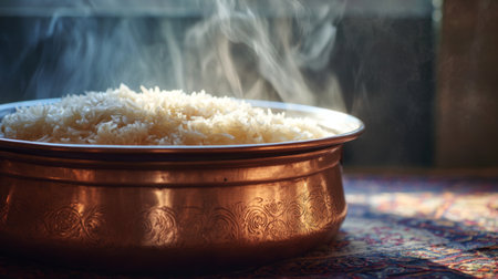 A captivating image of a steaming bowl of rice in a beautifully crafted copper pot, set against a rich textile background, showcasing warmth and comfort.の素材