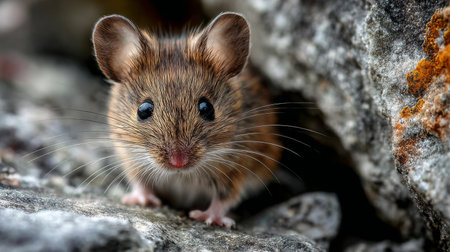 This captivating close-up features a small mouse with detailed fur and expressive eyes, set against textured rocks in a serene outdoor environment.の素材