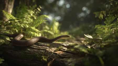 A captivating view of a snake gliding over a moss-covered log in a tranquil forest, surrounded by vibrant ferns and gentle sunlight, showcasing natureの素材