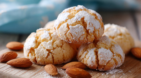 A tempting arrangement of sweet almond cookies dusted with powdered sugar sits on a wooden board, offering a cozy and rustic appeal perfect for any dessert table.の素材