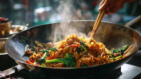 This image captures the vibrant essence of street food, showcasing stir-fried noodles with fresh vegetables and tender meat, steam rising in a bustling market.の素材
