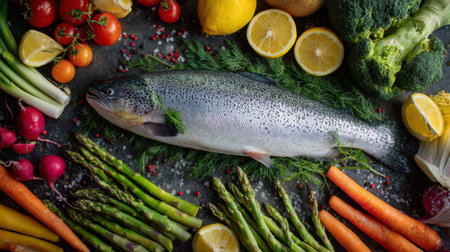 A vibrant display of fresh rainbow trout surrounded by an assortment of colorful vegetables, perfect for healthy meal preparation. Ideal for cooking enthusiasts.の素材