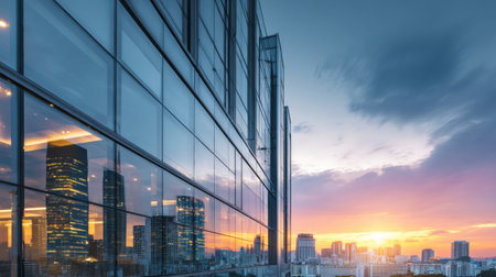 Captivating urban skyline at sunset showcasing modern architecture with stunning glass reflections. A vibrant cityscape under a dynamic sky.の素材