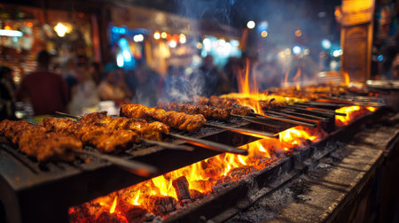 A vibrant night market scene showcasing grilled skewers sizzling on a barbecue grill. Flames dance as smoke rises, enhancing the appetizing aroma.の素材