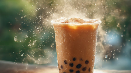 A captivating image of bubble tea filled with ice and tapioca pearls, creating a splash in warm sunlight. A perfect representation of summer refreshment.の素材
