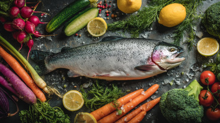 A beautifully arranged composition featuring a fresh rainbow trout surrounded by an array of vibrant vegetables and herbs, perfect for healthy meal preparation.の素材