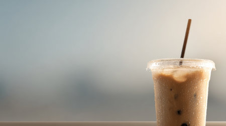This image features a refreshing cold beverage with ice cubes served in a clear plastic cup, perfect for summer days and relaxation.の素材