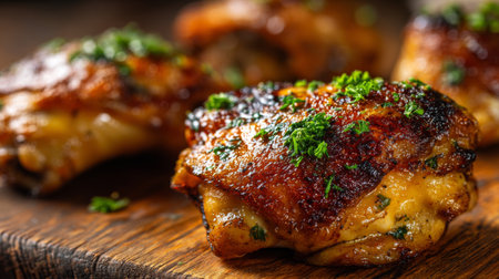 Enjoy a close-up view of crispy chicken thighs garnished with fresh herbs, showcasing golden-brown color and rich texture on a rustic wooden platter.の素材