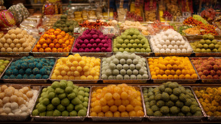 A vibrant market stall brimming with colorful Indian sweets, showcasing a delightful assortment of traditional desserts. Perfect for festive occasions.の素材