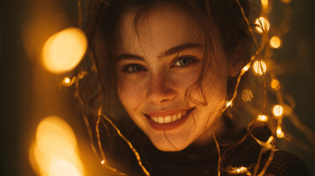 A captivating portrait of a young woman smiling warmly, surrounded by enchanting lights that create a cozy and inviting atmosphere.の素材