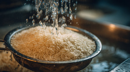 This image showcases a close view of white rice being rinsed in a strainer under a gentle stream of water, emphasizing the freshness and purity of an essential cooking ingredient.の素材