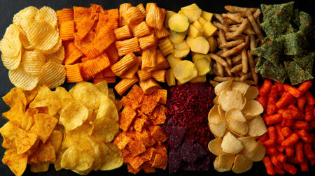 An enticing display of various snacks arranged in colorful rows, showcasing a delightful assortment of chips and crunchy treats for any occasion.の素材