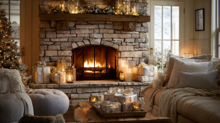 A cozy winter living room featuring a rustic stone fireplace adorned with soft textiles and holiday decorations, creating a warm and inviting atmosphere.の素材