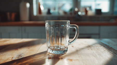 This image features a clear glass mug set upon a rustic wooden table, illuminated by soft natural light in a cozy kitchen environment, perfect for inviting morning moments.の素材