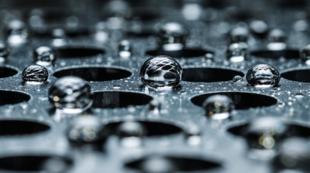 This macro photograph captures water droplets resting on a textured perforated surface, highlighting the intricate reflections and patterns. The close-up view presents a stunning interplay of light and shadow, showcasing the beauty of nature's design in a modern setting. Perfect for artistic and commercial use.の素材