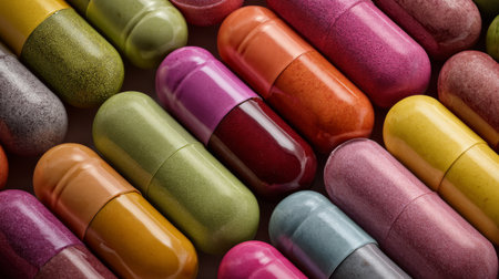 A vibrant assortment of colorful capsules and pills, showcasing various shapes and sizes ideal for applications in health and wellness, pharmacy, and lifestyle.の素材