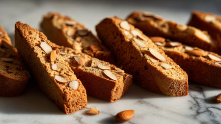 Indulge in the rich textures of freshly baked almond biscotti, perfectly sliced and arranged on a marble surface, ideal for snack or dessert.の素材
