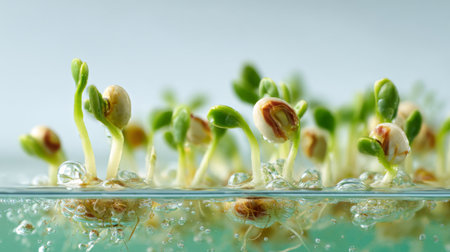 This captivating image showcases young green seedlings emerging from nutrient-rich water, surrounded by bubbles, symbolizing life, growth, and sustainability in agriculture.の素材