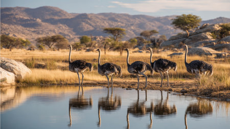 A serene scene featuring a group of ostriches standing near a shimmering water body, surrounded by rocky terrain and distant mountains under a clear sky.の素材