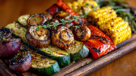 A vibrant display of grilled vegetables including mushrooms, zucchini, corn, and bell pepper on a rustic wooden platter, enhanced with fresh herbs.の素材