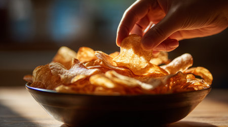 A hand reaches for a golden crisp potato chip from a bowl, showcasing a delightful snack experience surrounded by warm lighting and soft focus ambiance.の素材