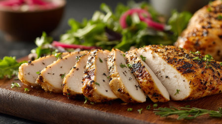 A mouthwatering display of succulent grilled chicken slices on a wooden board, artfully garnished with fresh herbs and accompanied by a vibrant salad.の素材