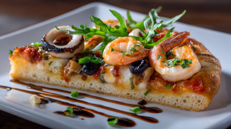 A close-up view of a gourmet seafood pizza slice featuring shrimp, olives, and herbs, presented on a white plate with a drizzle of sauce.の素材