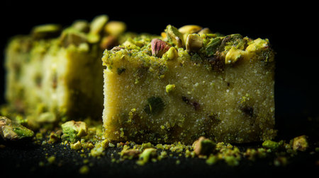 This image features a delectable nut-based sweet treat topped with pistachios, set against a dark background, showcasing its rich texture and vivid colors.の素材