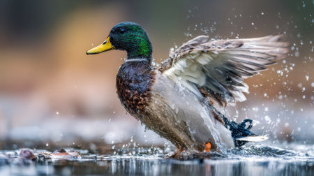 A vibrant mallard duck shakes off water while standing in a serene lake. The early morning light enhances the colorful plumage and reflections in the water.の素材