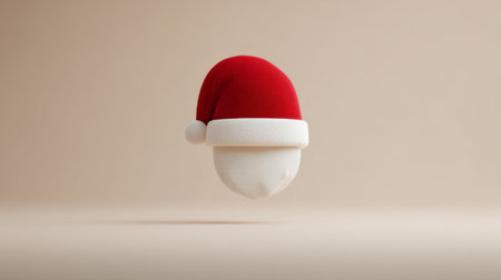 A charming and festive image of a classic red Christmas hat floating above a minimalist background, capturing the spirit of the holiday season.の素材