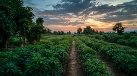 A captivating view of a picturesque landscape featuring lush green crop fields leading to a vibrant sunset, with dramatic clouds overhead.の素材