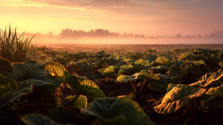 A tranquil morning scene showcasing dew-kissed green leaves in a rural landscape. Soft fog blankets the field as dawn breaks, enhancing nature's beauty.の素材