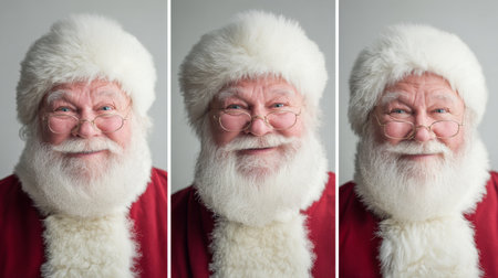 Captured in a studio setting, these cheerful Santa Claus portraits showcase bright smiles and joyful expressions, perfect for holiday themes and festive decorations.の素材