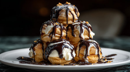 A mouthwatering dessert tower composed of creamy filled puffs drizzled with delicious chocolate sauce, ideal for celebrations and sweet cravings.の素材
