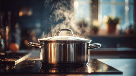 A sleek silver pot emits steam on a stovetop, illuminated by soft natural light. This image captures the essence of home cooking and culinary warmth.の素材