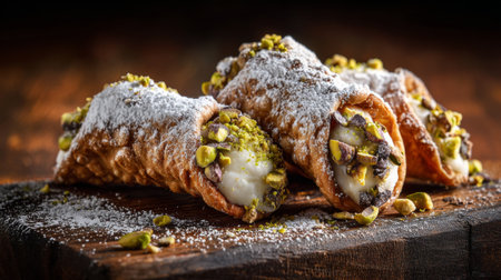 Delight in the rich flavors of delicious Italian cannoli, beautifully presented with creamy filling and topped with chopped nuts, perfect for any occasion.の素材
