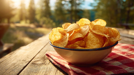 A close-up view of a bowl filled with crispy potato chips placed on a wooden table. The scene is set outdoors, surrounded by lush green trees and warm sunlight, evoking a perfect atmosphere for gatherings and enjoyment.の素材