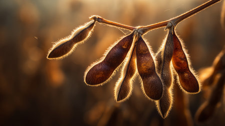 This striking image showcases soybean pods with fine hairs, illuminated by soft sunlight against a blurred background. The warm hues create a serene agricultural scene.の素材