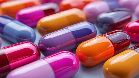 A vibrant collection of glossy capsules in various colors and shapes scattered across a soft background, symbolizing health and wellness.の素材
