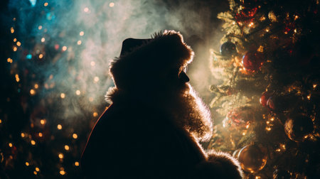 A striking silhouette of Santa Claus against a brightly lit Christmas tree, showcasing the magic and warmth of the holiday season in a festive atmosphere.の素材