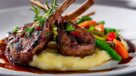 A beautifully plated gourmet dish featuring tender lamb chops on a bed of creamy mashed potatoes, complemented by vibrant seasonal vegetables.の素材