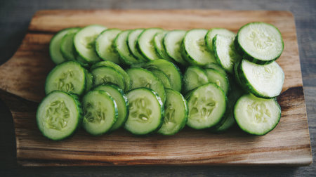 A close-up of freshly sliced cucumbers arranged neatly on a wooden cutting board, showcasing the vibrant green color and crunchy texture ideal for cooking or healthy meals.の素材