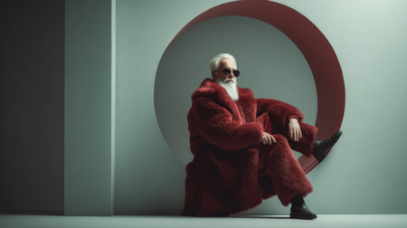 This striking image features a fashionable elderly man in a luxurious red fur coat and sunglasses, creating a captivating modern look in a stylish studio setting.の素材